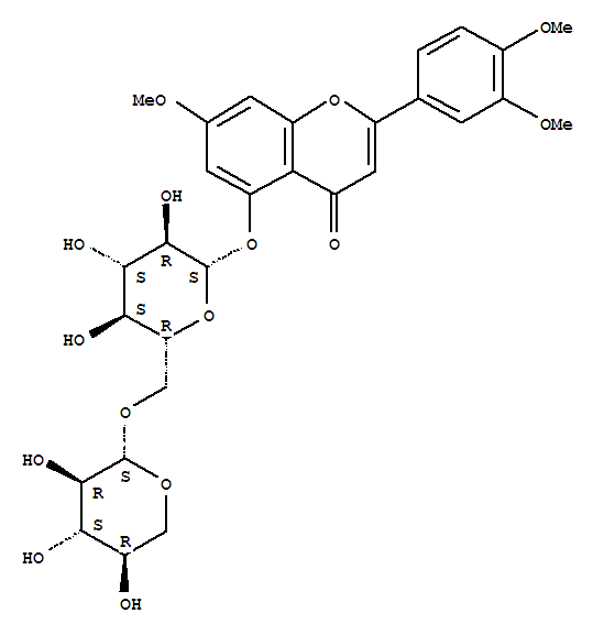 2-(3,4-二甲氧基苯基)-7-甲氧基-5-[(6-O-BETA-D-吡喃木糖基-BETA-D-吡喃葡萄糖基)氧基]-4H-1-苯并吡喃-4-酮結(jié)構(gòu)式_221289-31-2結(jié)構(gòu)式