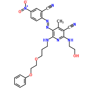 3-Pyridinecarbonitrile,5-(2-cyano-4-nitrophenyl)azo-2-(2-hydroxyethyl)amino-4-methyl-6-3-(2-phenoxyethoxy)propylamino-Structure,61799-13-1Structure 3-Pyridinecarbonitrile,5-(2-cyano-4-nitrophenyl)azo-2-(2-hydroxyethyl)amino-4-methyl-6-3-(2-phenoxyethoxy)propylamino- Structure,61799-13-1Structure